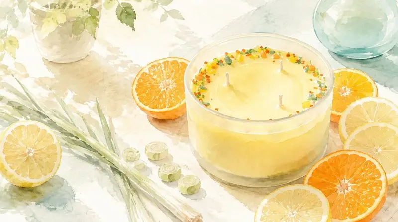 Svíčka Chizen s citrusy a citronovou trávou v ranním světle