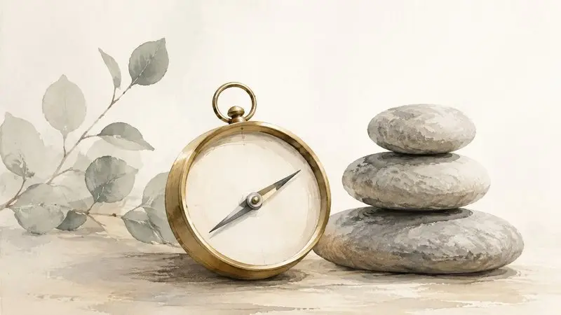 kompas se světovými stranami a zen kameny, symbolika feng shui a osobního čísla Ming Gua