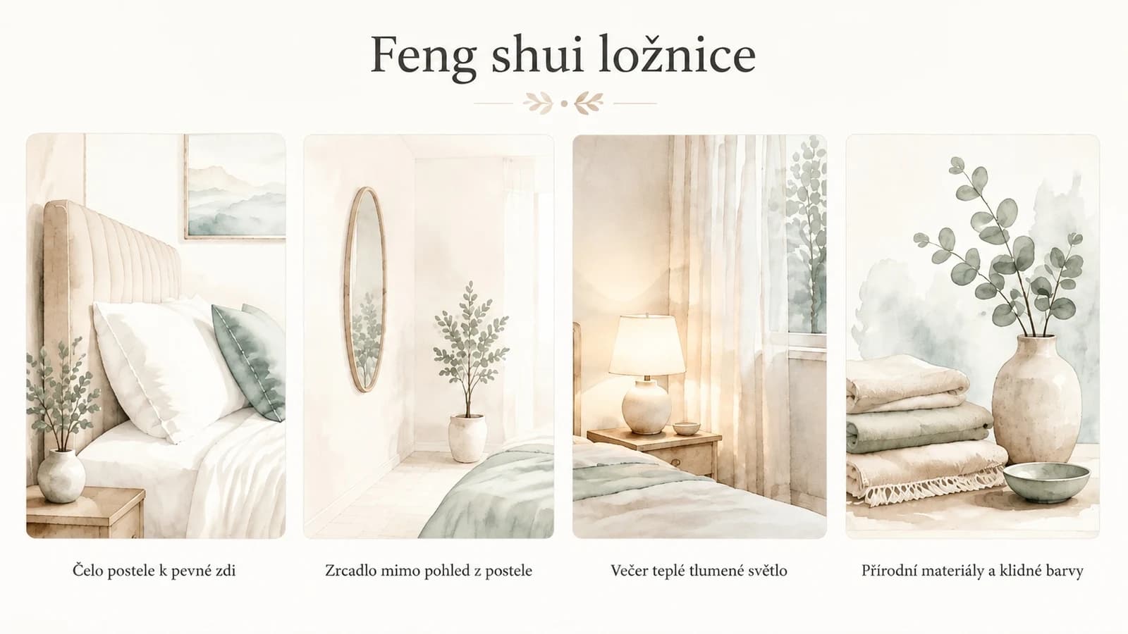 Infografika feng shui ložnice: čelo postele k pevné zdi, zrcadlo mimo pohled z postele, večer teplé tlumené světlo a přírodní materiály