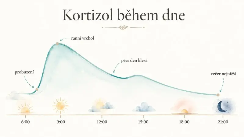 Infografika: hladina kortizolu během dne s ranním vrcholem a večerním poklesem