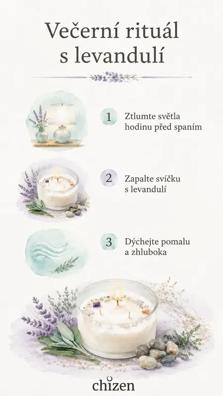 levandule a svíčka na nočním stolku