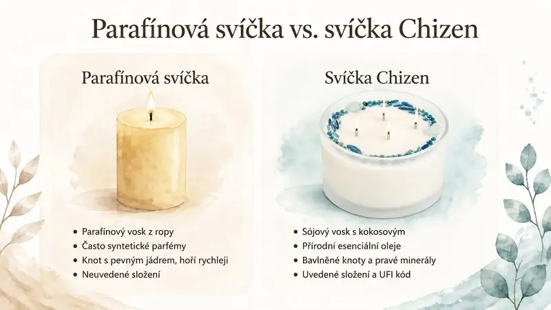 Infografika: srovnání parafínové a sójové svíčky Chizen a jejich složení