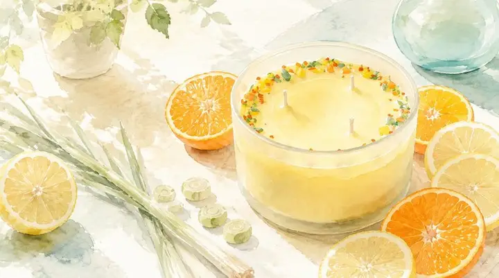 Svíčka Chizen s citrusy a citronovou trávou v ranním světle
