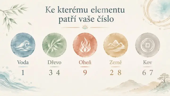Akvarelová infografika čísel Ming Gua 1 až 9 s elementy a světovými stranami