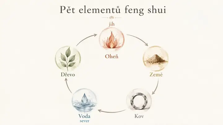 Akvarelová infografika pěti elementů feng shui a cyklu tvoření