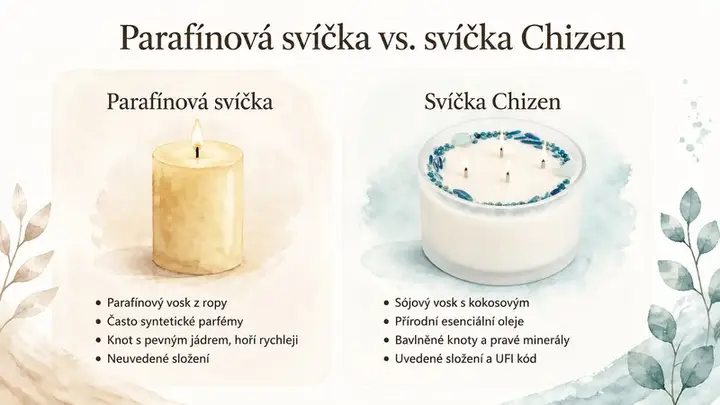 Infografika: srovnání parafínové a sójové svíčky Chizen a jejich složení