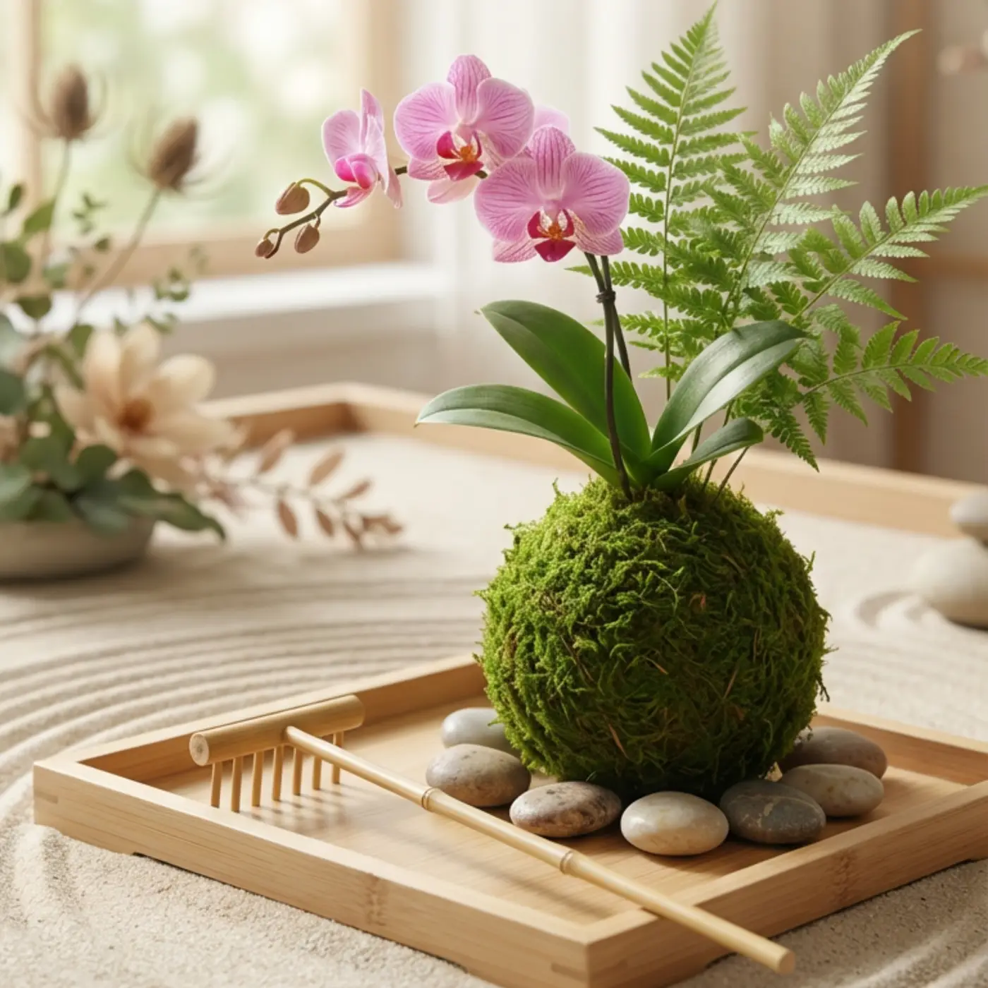 Kokedama s růžovou orchidejí a kapradinou na bambusovém tácu s oblázky