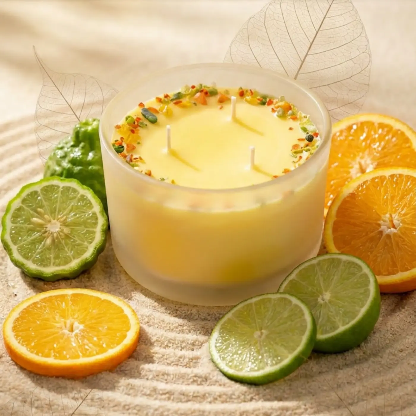 Žlutá svíčka Síla energie s citrusy a bergamotem na jemném písku