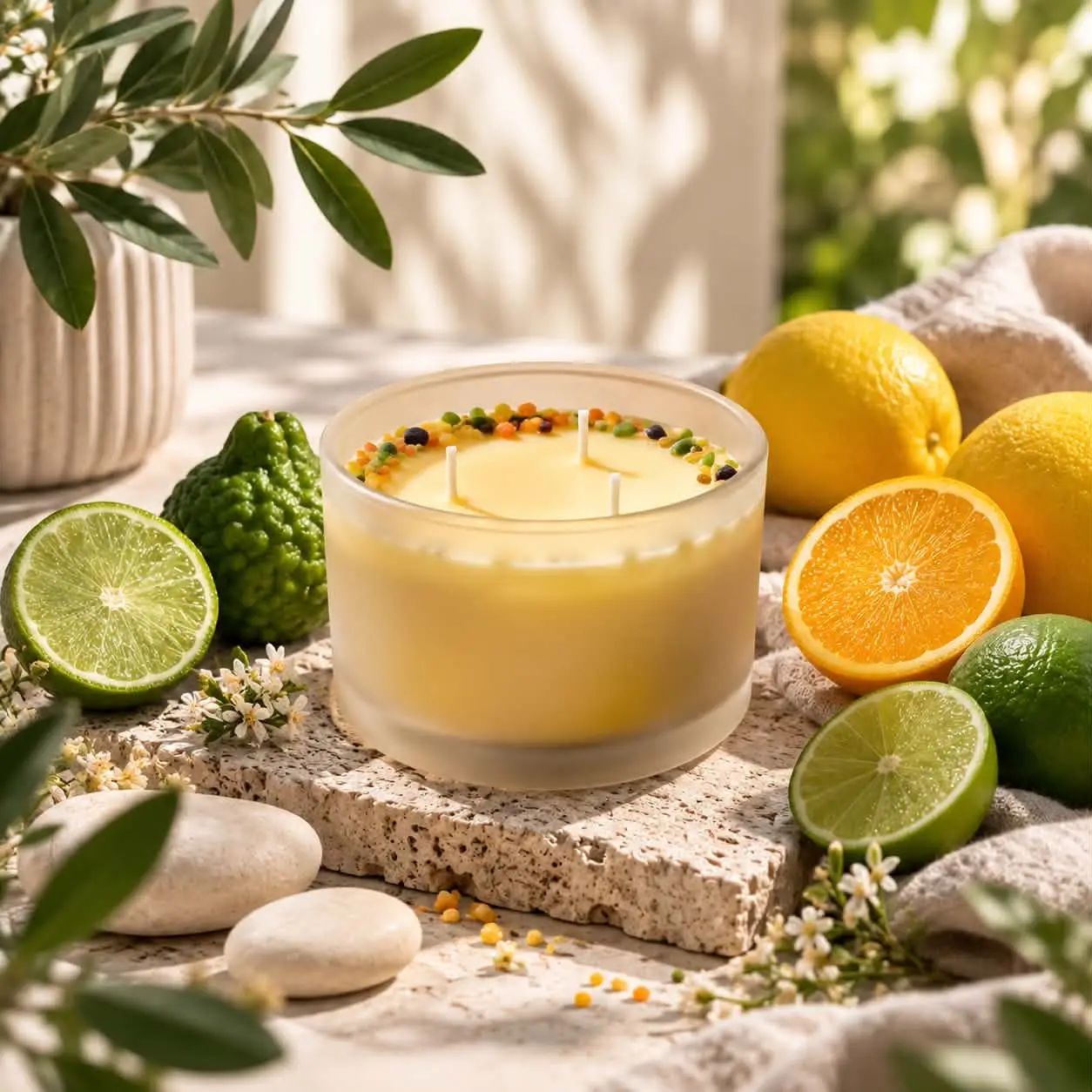 Žlutá svíčka Síla energie se třemi knoty na travertinovém kameni, kolem citrony, pomeranč, limetky a bergamot, olivová větvička
